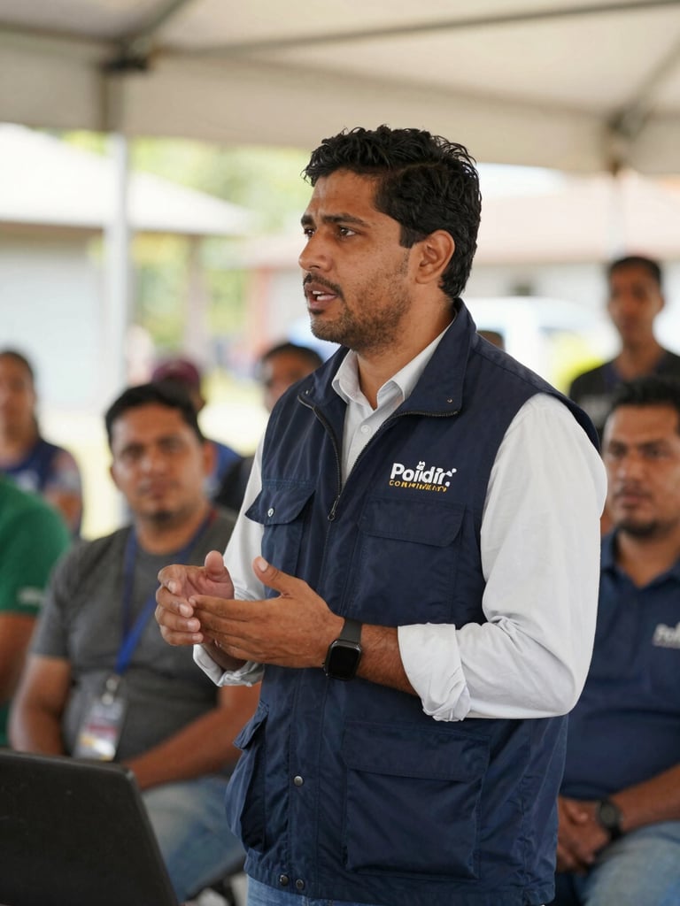 A candid medium shot of a male community leader in a navy blue vest speaking at a local neighborhood council meeting, natural warm lighting, 35mm lens