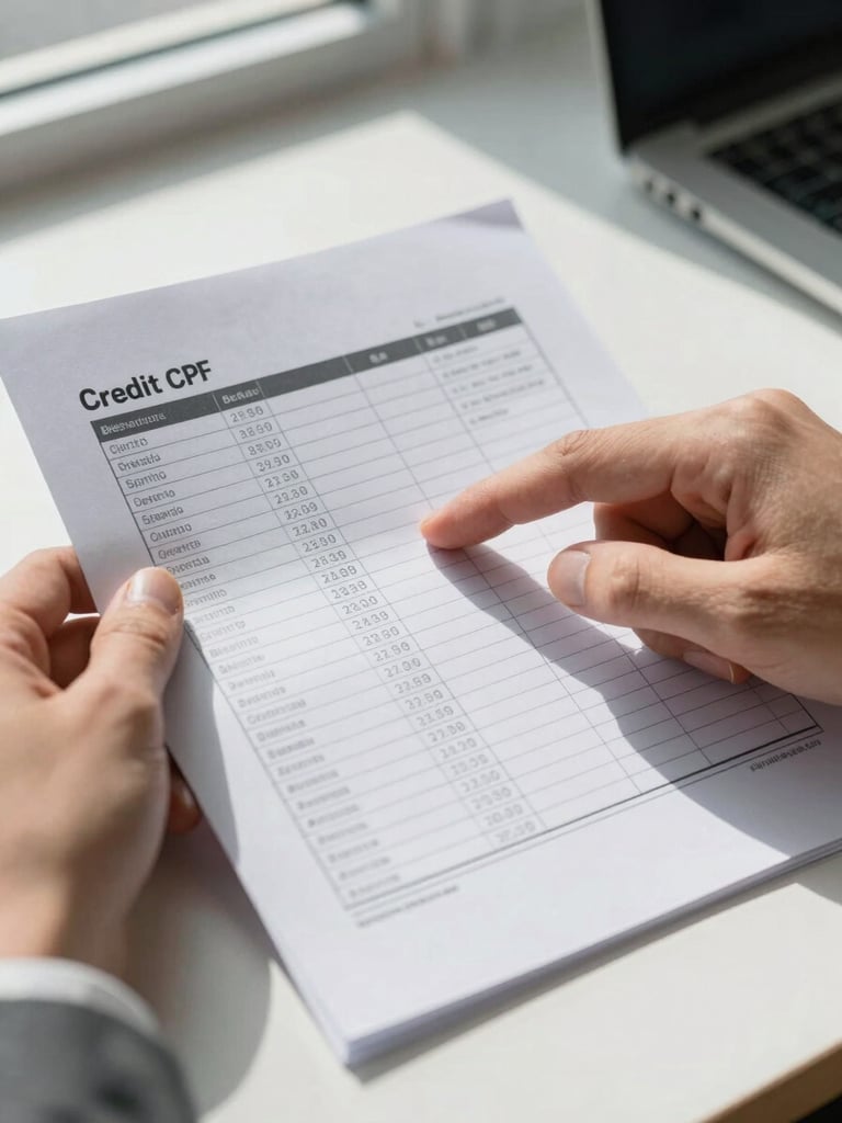 Close-up of a hand holding a printed credit score report on a clean desk, finger pointing at a highlighted number, cool daylight from a side window casting crisp shadows, Brazilian CPF visible on document edge