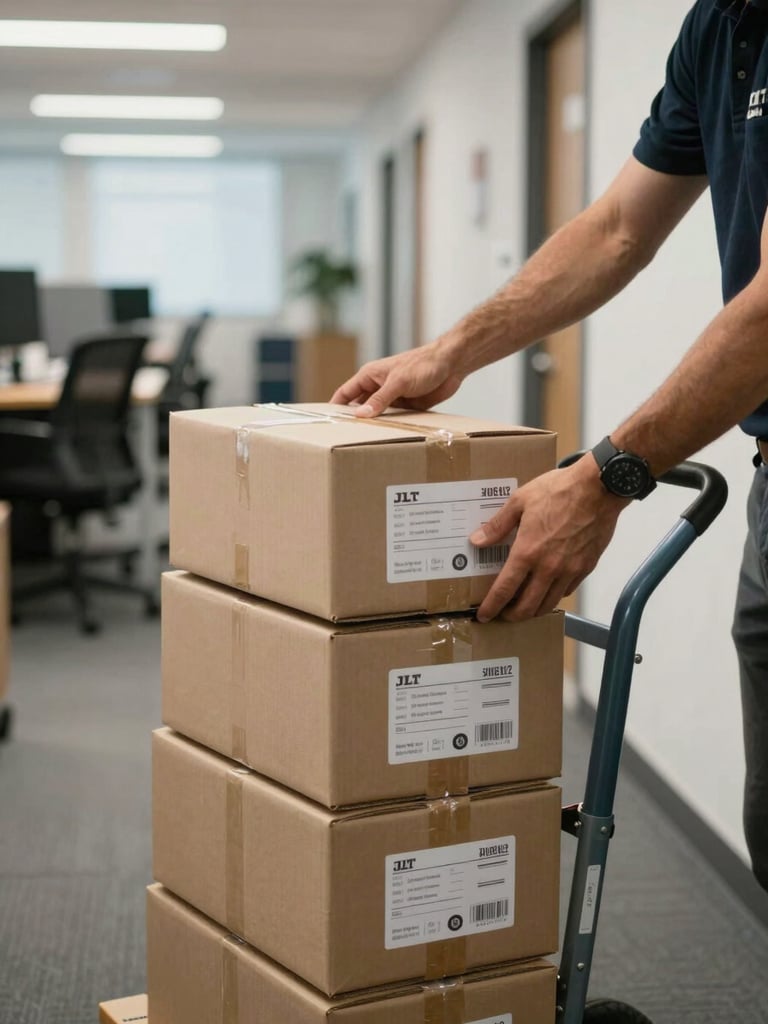 Close-up of a worker's hands securing a stack of labeled office boxes on a hand truck inside a JLT office corridor, fluorescent and natural light mixed, open-plan office visible in background with chairs stacked on desks