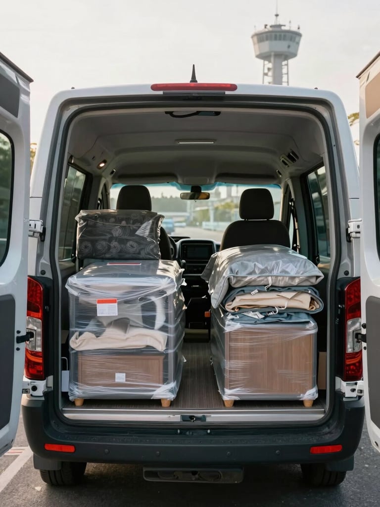 Wide interior of a moving van with neatly secured furniture wrapped in blankets and stretch film, natural daylight through open rear doors, JLT towers visible in the distance outside, calm documentary light
