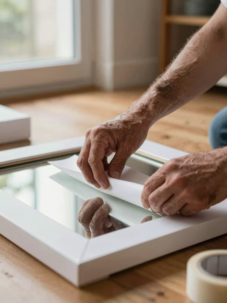 Close-up of weathered hands carefully wrapping a framed mirror in white padding paper on a wooden floor, soft natural daylight from a window, tape roll visible nearby, blurred residential interior in background