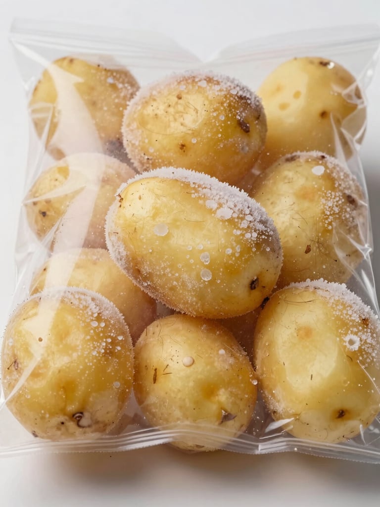 Close-up macro of frozen papa criolla product in packaging on a neutral white surface under clinical studio light, frost crystals visible on the surface of the golden potato pieces, straight-on framing