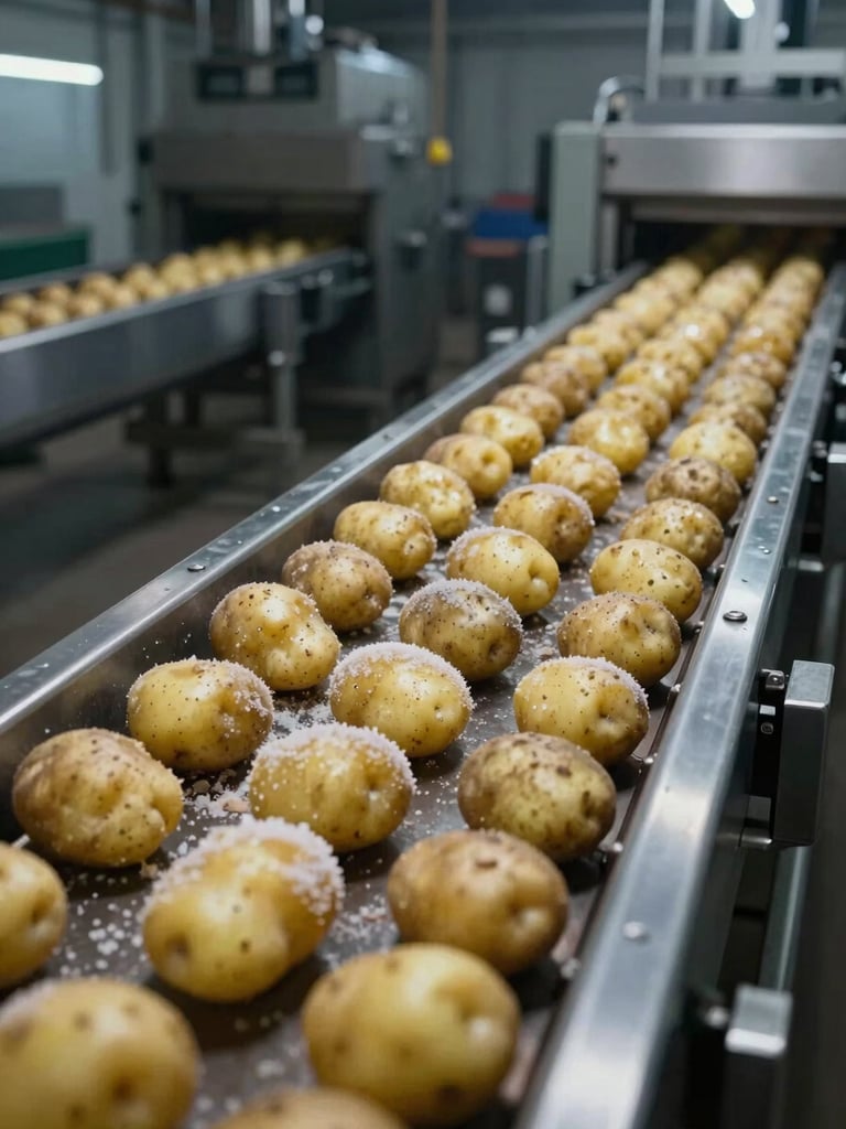 Wide industrial production line interior, stainless steel conveyor carrying fresh pre-cooked papa criolla potatoes under cool factory lighting, frost visible on product surface, overhead perspective, right side of frame, generous dark negative space to the left