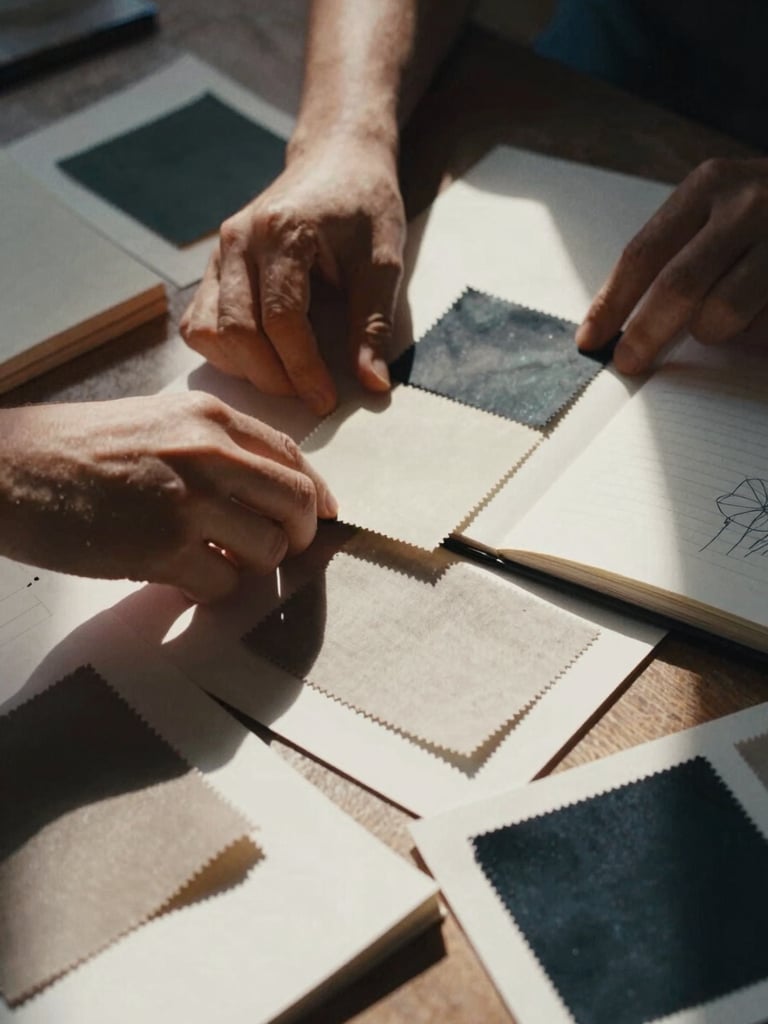 Cinematic editorial close-up of hands arranging physical mood boards with fabric swatches, sketchbooks, and high-contrast natural light, warm muted tones, 35mm film grain