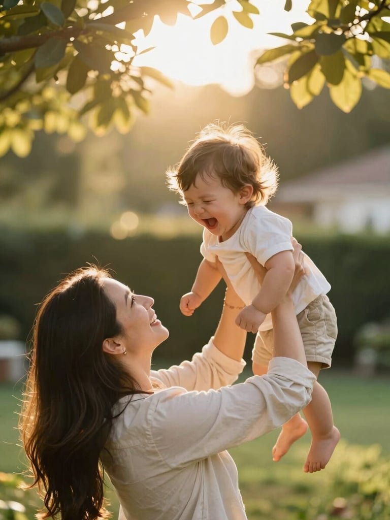 Close portrait framing, a mother lifting her young child in a sun-dappled backyard, the child mid-laugh with eyes scrunched shut, golden afternoon light filtering through leaves overhead — warm and unposed, soft bokeh background