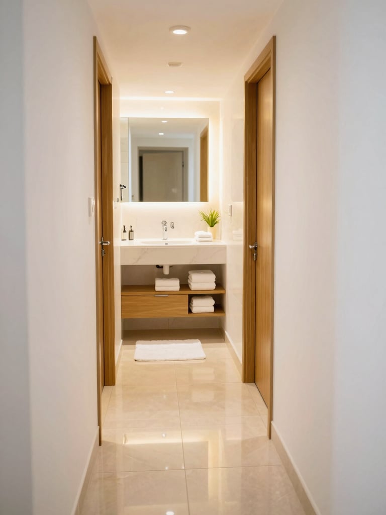 Spotless deluxe suite room with polished tile floors, warm ambient lighting, modern attached bathroom visible, clean towels folded neatly, sharp focus