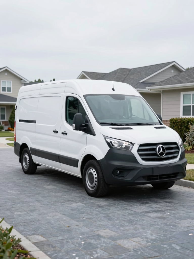 A professional mobile service van parked in a clean residential driveway, technician preparing tools, bright overcast daylight, cool slate tones, sharp focus, 35mm