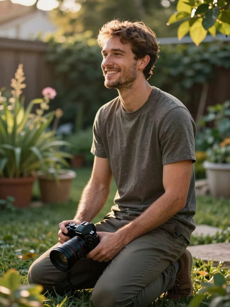 Close environmental portrait, photographer kneeling in a sun-warmed backyard holding a camera loosely at their side, golden hour light falling across their face from the right, relaxed and mid-laugh, lush garden background softly out of focus