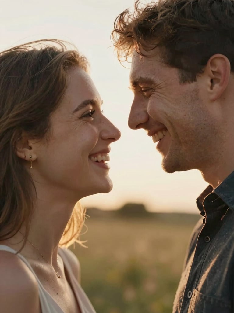 Close-up medium shot of a couple laughing mid-conversation, foreheads nearly touching, golden-hour backlight creating soft rim glow, environmental field behind them out of focus, completely unposed