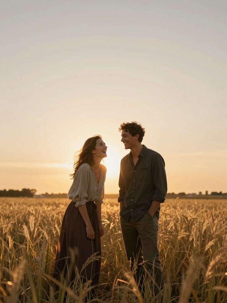Wide environmental portrait — couple laughing mid-conversation in a golden-hour field, backlit warm glow creating separation, tall grass in the foreground, woman leaning into partner, neither looking at camera, expansive warm sky above