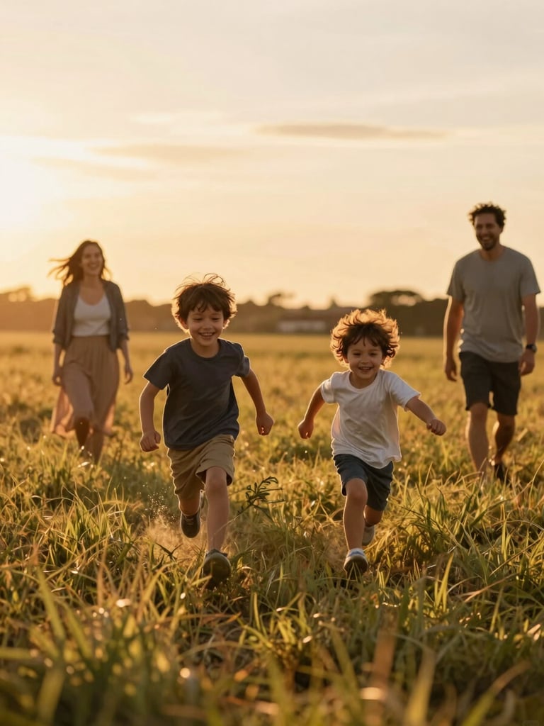 Wide environmental shot of two young children running through a golden-hour grassy field, parents watching from behind laughing, warm amber backlight, voyeuristic framing through foreground grass, motion and joy