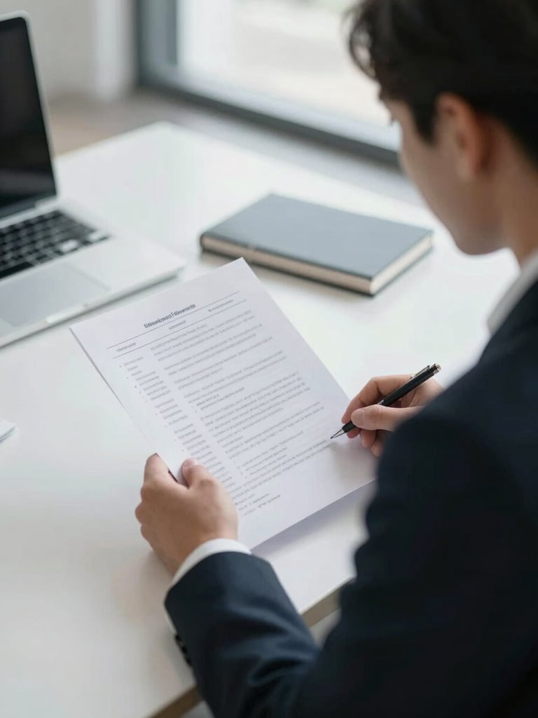 Over-the-shoulder perspective of a financial advisor reviewing documents on a clean desk, bright diffused natural daylight, professional corporate setting.