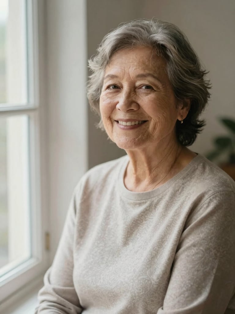 Warm editorial portrait of a smiling senior woman sitting near a window with soft natural light, shallow depth of field, 35mm