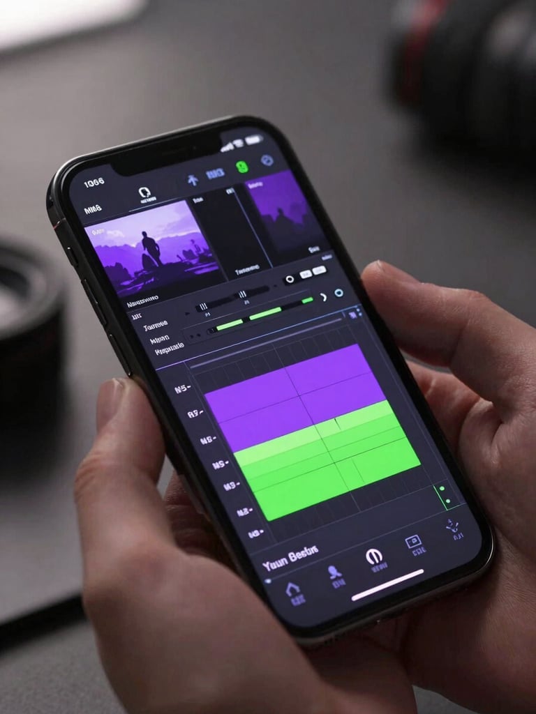 A close-up of a modern smartphone screen displaying a complex video editing timeline with bright purple and neon green audio tracks, held by hand in a dimly lit studio environment