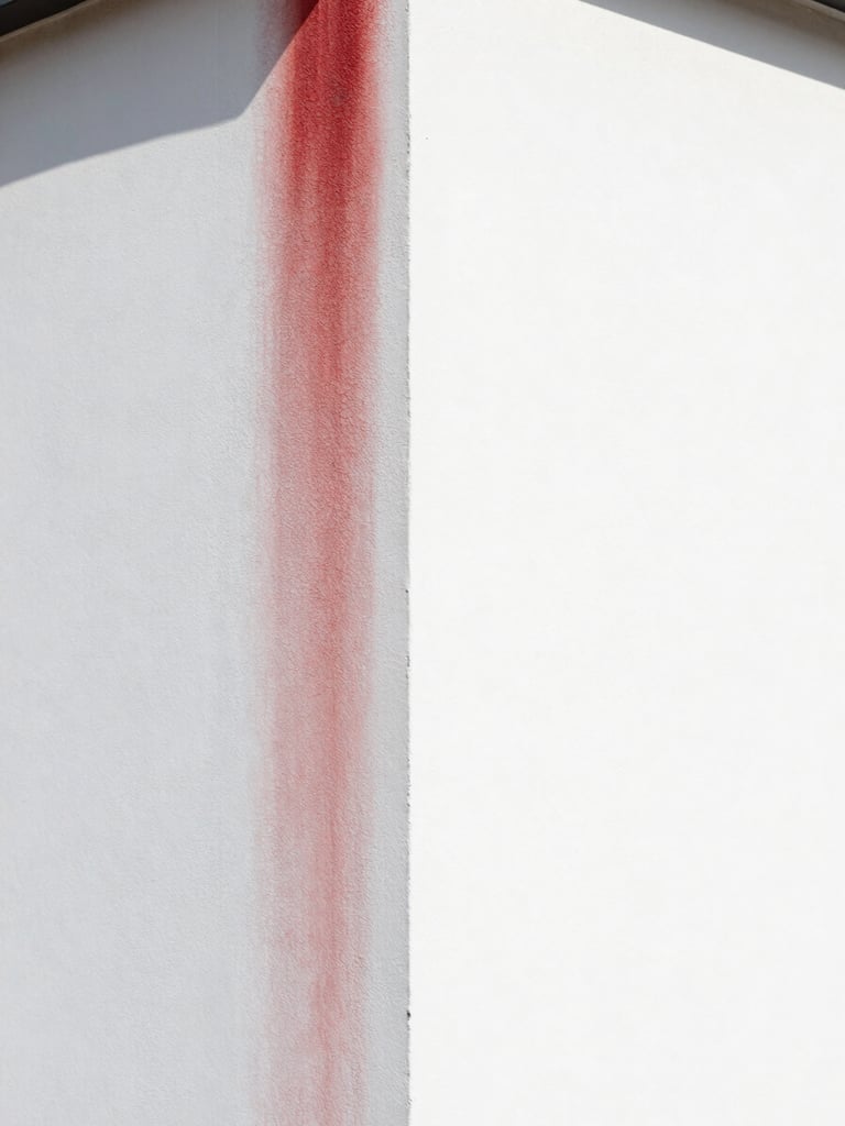 Close-up before and after split of clean white exterior render, left side stained with red algae, right side pristine white, bright daylight