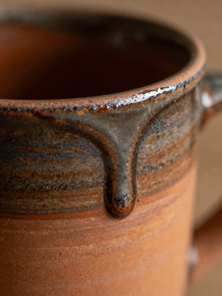 Extreme macro shot of a ceramic glaze drip frozen on the rim of a terracotta mug, showing rich texture and deep kiln-fired colors, shallow depth of field