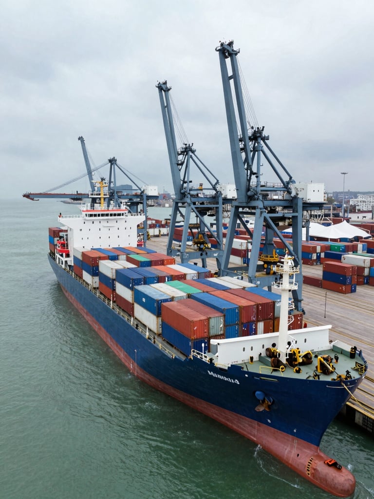 High-angle drone view of a massive container vessel docked at Mundra port, heavy cranes positioned over the deck, overcast industrial daylight.