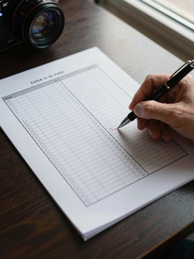 Overhead close-up of a printed match schedule sheet on a desk, a hand holding a pen mid-mark beside handwritten score predictions, natural office daylight from a window above