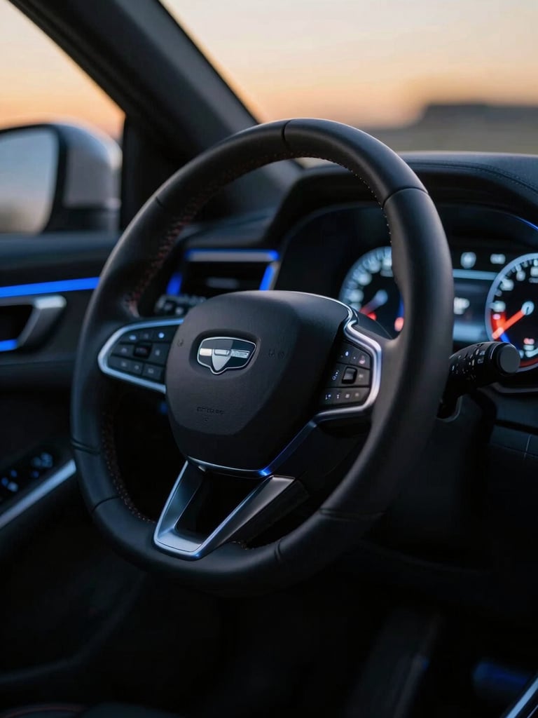 Moody close-up of a modern steering wheel and dashboard glowing with electric blue highlights, crisp dark interior, dusk golden hour light, 35mm
