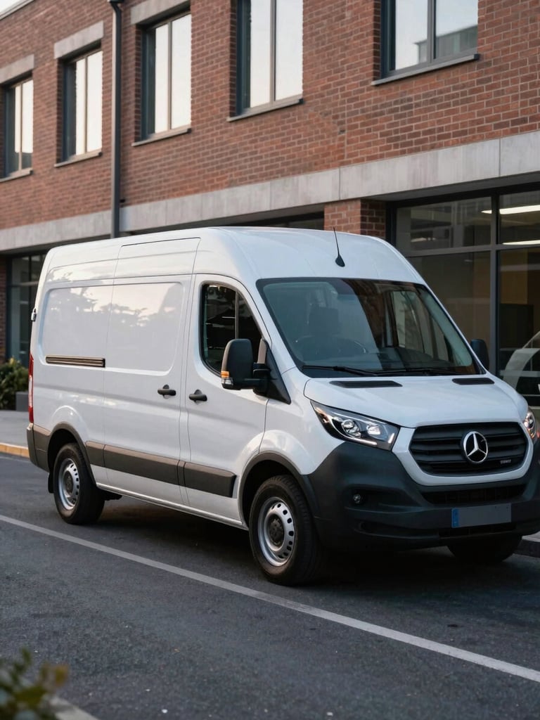 A clean commercial service van with professional branding parked outside a modern brick office building, cool morning light, sharp commercial photography