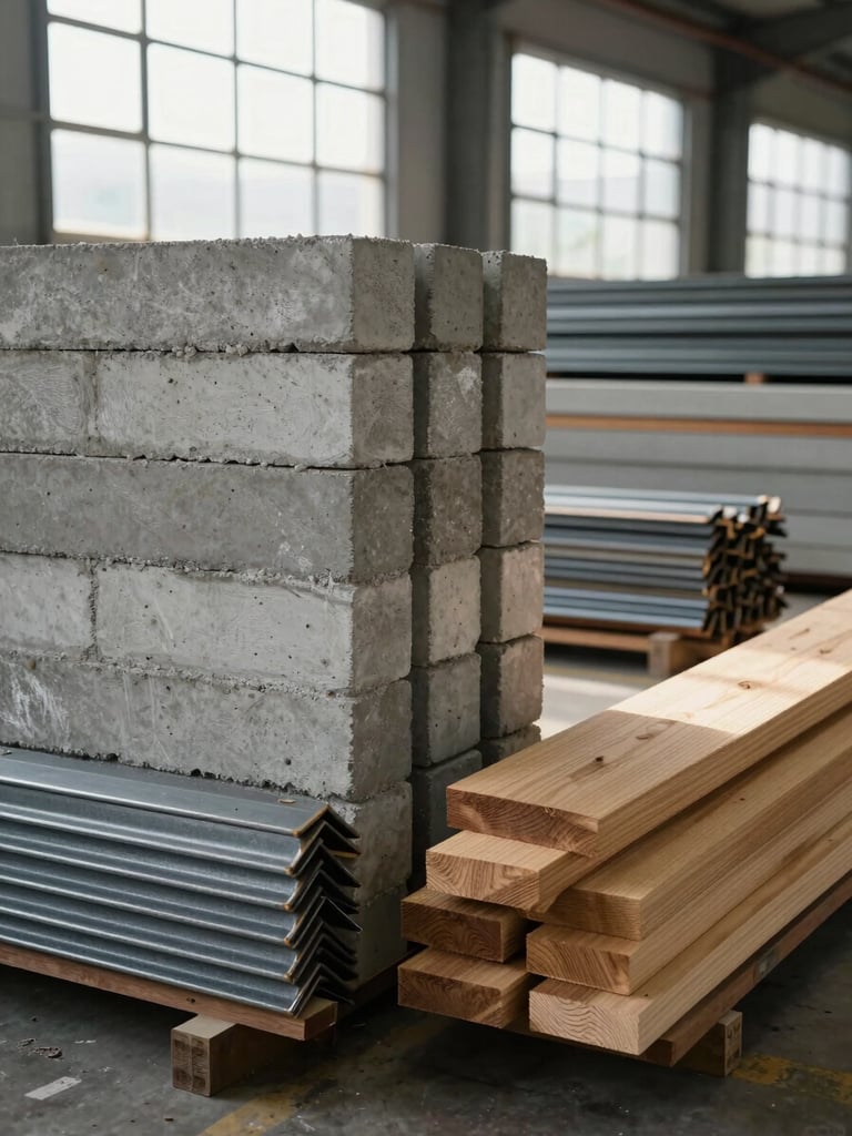 Close-up of stacked raw building materials—concrete blocks, steel angle iron, and timber planks arranged on a warehouse floor under natural sidelight from high industrial windows