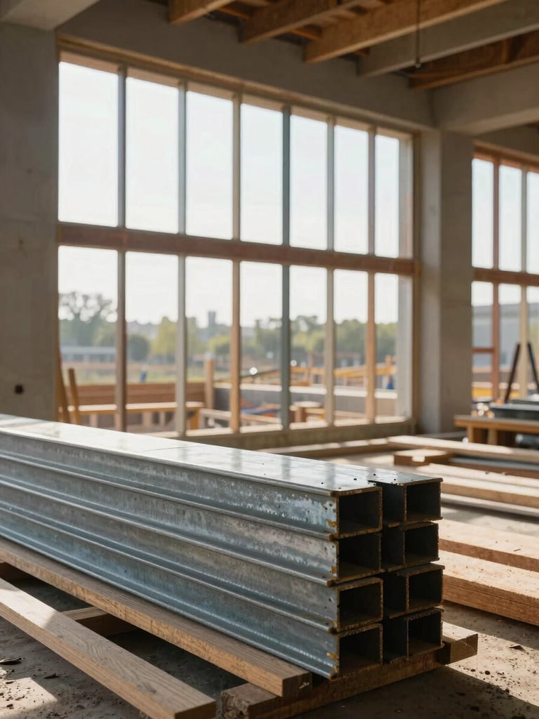 Wide environmental shot of a completed structural installation in a mid-construction building interior, natural daylight streaming through open wall framing, stacked steel profiles and lumber visible in the foreground, no people posed—honest worksite conditions