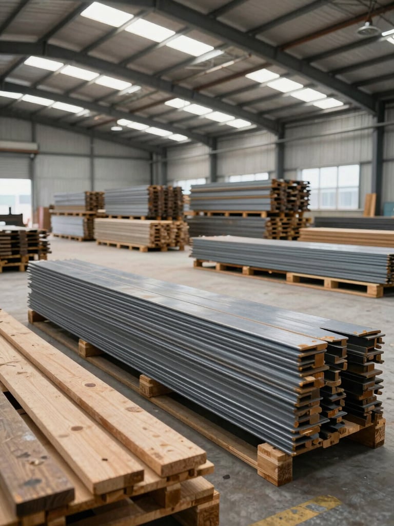 Wide environmental shot of a construction warehouse interior, pallets of building materials stacked in organized rows under natural daylight from industrial skylights, close detail of bundled steel profiles and timber in the foreground, honest unlit conditions