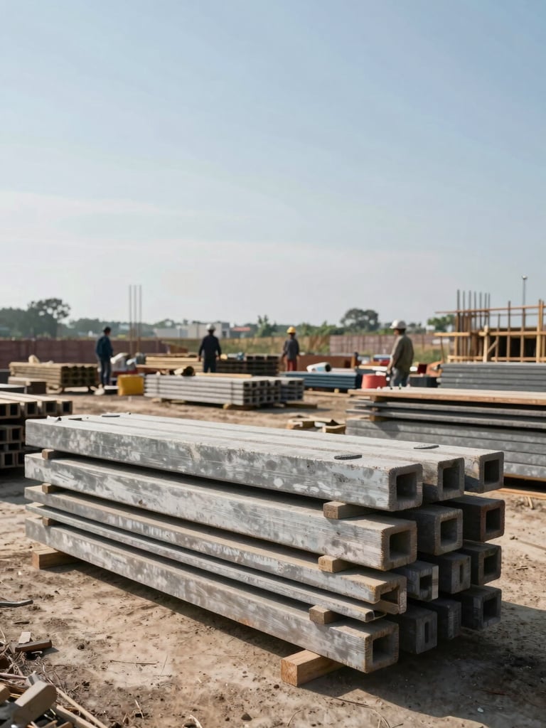 Wide environmental shot of a construction installation in progress, stacked structural materials in the foreground, workers visible mid-distance under natural daylight, honest unlit worksite conditions, no staging