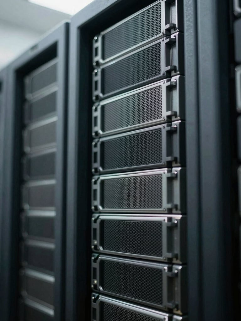 Macro detail of high-end server hardware, desaturated steel and glass tones, precise architectural shadows, sharp focus, 35mm