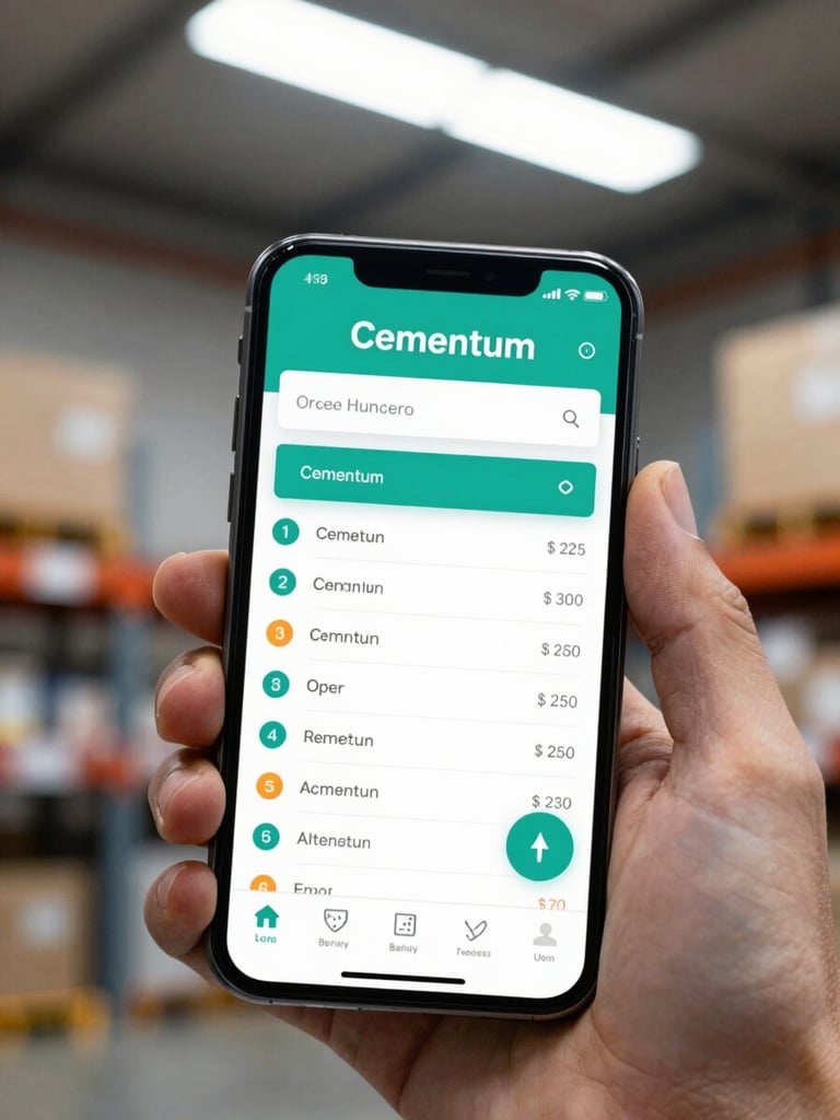 Close-up of a smartphone screen showing a Cementum order management app interface with order list, status indicators, and delivery timer, held in one hand, bright overhead warehouse light, teal UI accent colors visible