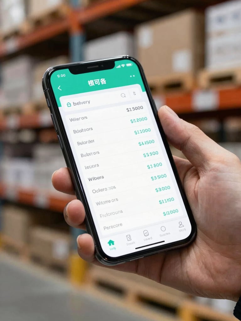 Close-up of a hand holding a smartphone displaying a clean order management dashboard with teal UI elements, inventory counts, and live delivery status, blurred warehouse shelving in the background