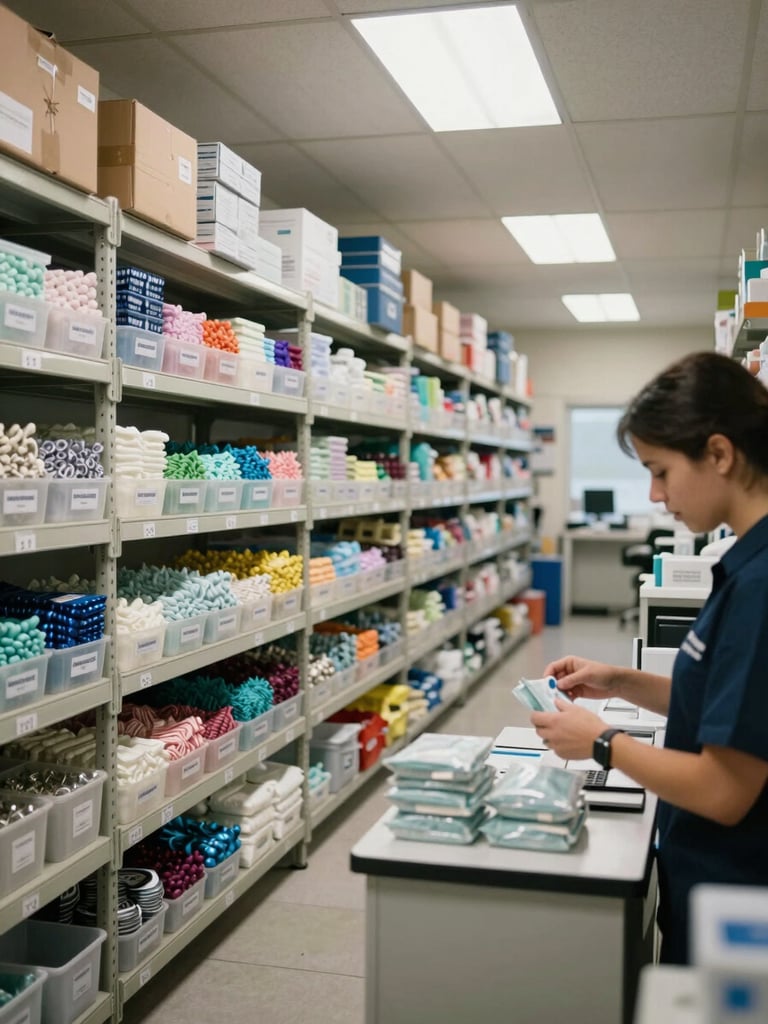 Wide shot of an organized dental materials warehouse interior, labeled inventory bins on metal shelving stretching into the background, overhead fluorescent lighting, a franchise partner scanning packages at a dispatch desk in the right foreground