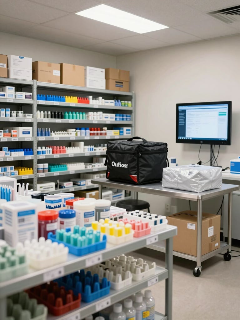 Wide shot of a clean franchise warehouse interior — organized labeled shelving bins of dental materials in the foreground, a courier bag being packed on a steel table, a mobile app dashboard visible on a mounted tablet screen to the right, bright overhead fluorescent lighting, no people in frame