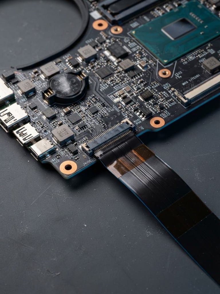 Crisp product photography of a laptop video flex cable and motherboard on a clean dark anti-static mat, precise technical studio lighting, blue accent rim light, macro lens