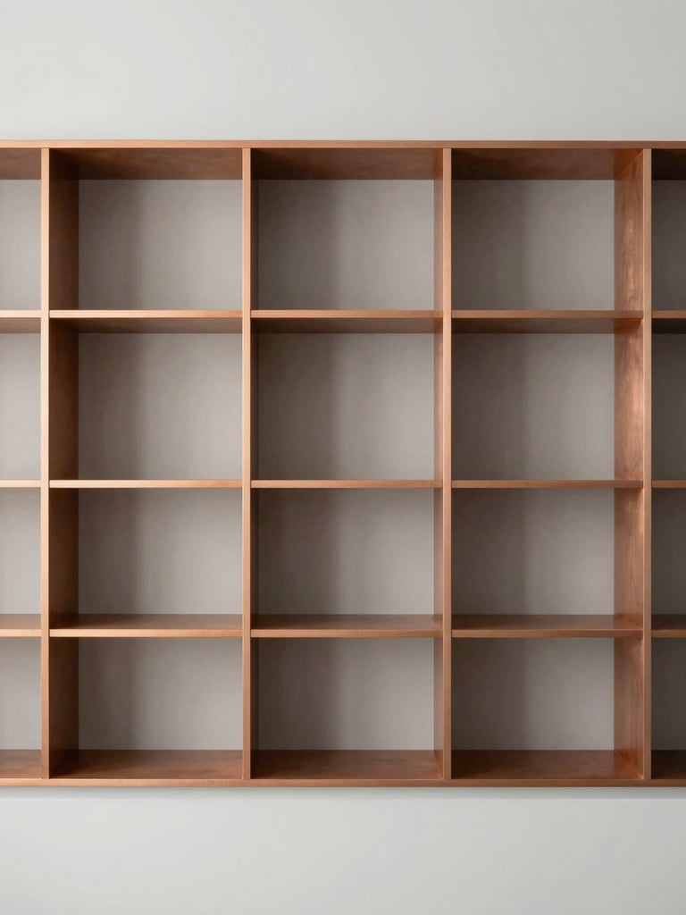 Architectural rendering of a modular organization grid within a clean kitchen space, soft diffused studio light, desaturated slate and warm copper tones, architectural framing, 50mm lens, emphasis on structural lines and order.