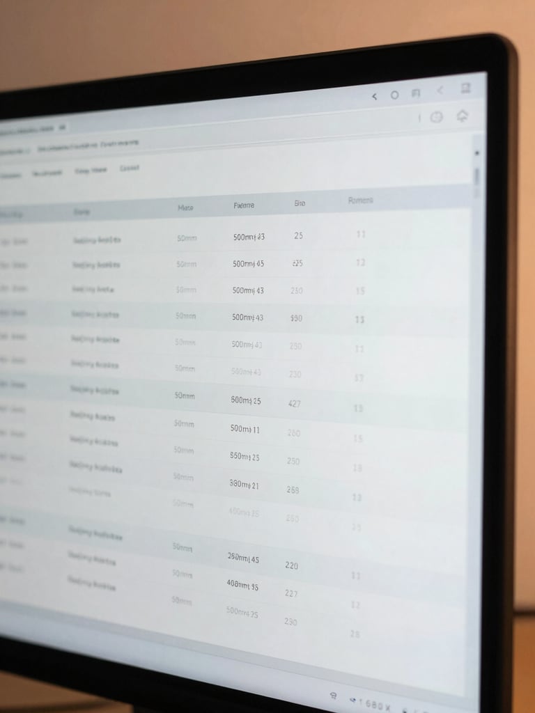 Close-up of a structured analysis UI on a monitor, displaying hardware specifications and comparison elements, clean studio light, desaturated slate and warm copper tones, architectural framing, 50mm lens, focus on data clarity.