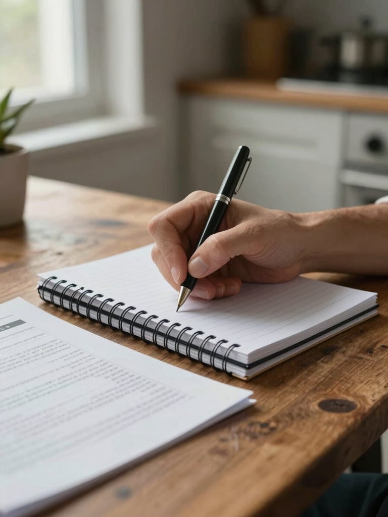 Close-up medium shot of a person's hands writing in a spiral notebook on a kitchen table, a printed medical document partially visible beside the notebook, natural overcast window light falling from the left, ink pen mid-stroke, worn wood grain of the table visible at the edges