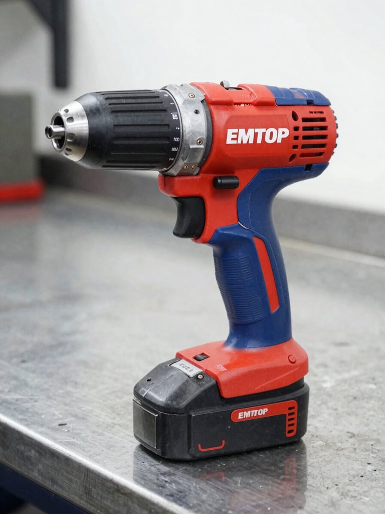 Vibrant red and blue EMTOP impact driver on a clean steel workbench, high-contrast industrial workshop lighting, sharp details