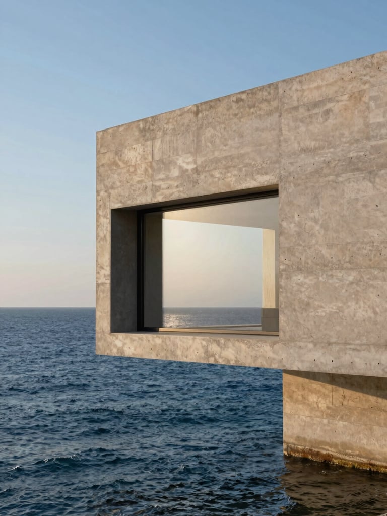 Minimalist concrete villa cantilevered over deep blue Adriatic water, warm morning light reflecting on limestone facade, wide architectural crop