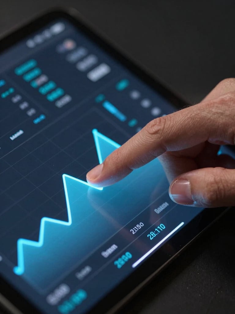 Macro close-up of a trackpad hand navigating a campaign analytics interface, cool studio lighting, dark background, neon blue graph lines reflecting on fingertips, sharp focus on screen data