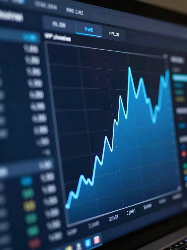 Close-up macro of a dark analytics dashboard screen, neon blue conversion-rate graph mid-spike on the right half of the frame, budget allocation metrics visible in sharp focus, cool studio lighting, high contrast, no person visible