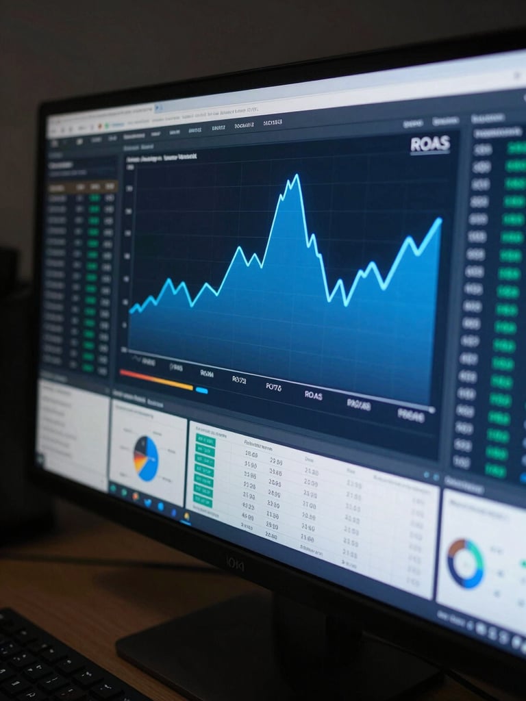 Wide overhead view of a campaign analytics dashboard on a dark monitor, neon blue conversion rate and ROAS graphs mid-spike, cool studio lighting, tight macro framing showing data columns and a budget allocation chart in sharp focus