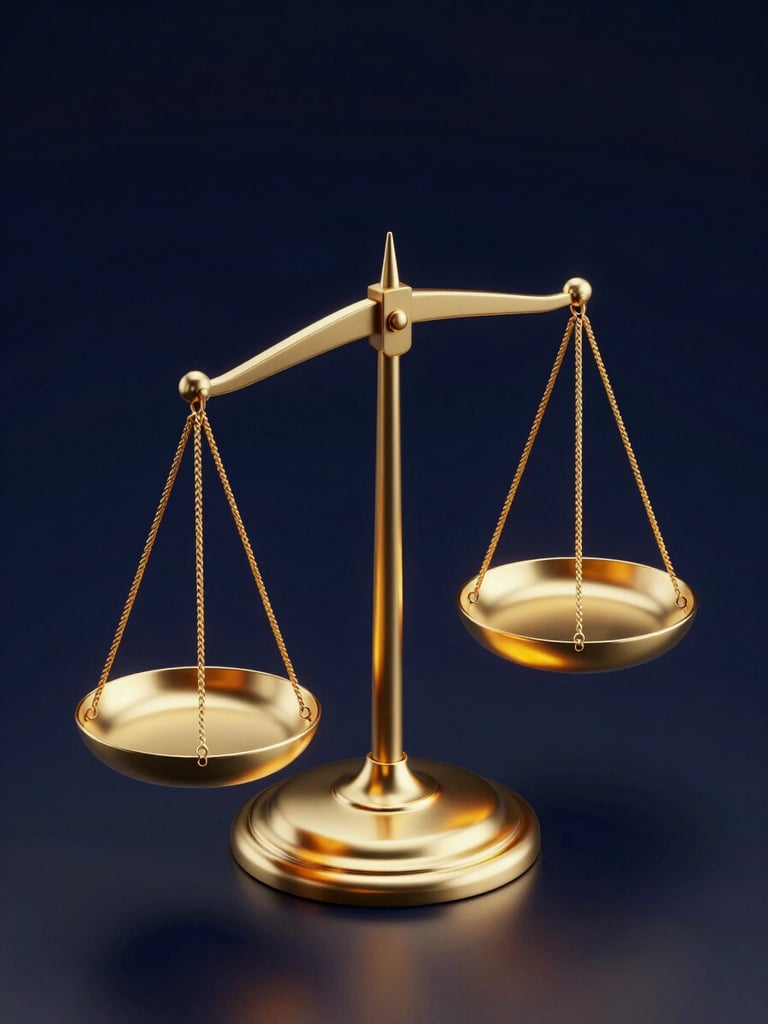 Premium 3D render of a golden balance scale glowing against a dark navy background, sleek glassmorphism, futuristic high-contrast digital aesthetic, portrait aspect