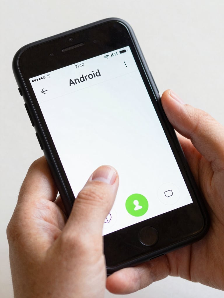 A child's hand interacting with a simplified, high-contrast educational interface on a physical Android phone, bright natural lighting.