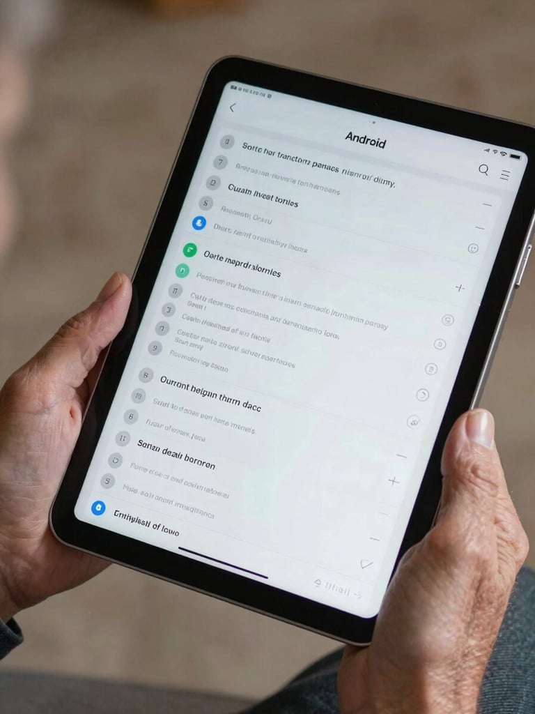A close-up of an older adult's hand holding a large physical Android tablet, showing a highly legible interface with high-contrast text and clear touch targets under natural studio light.
