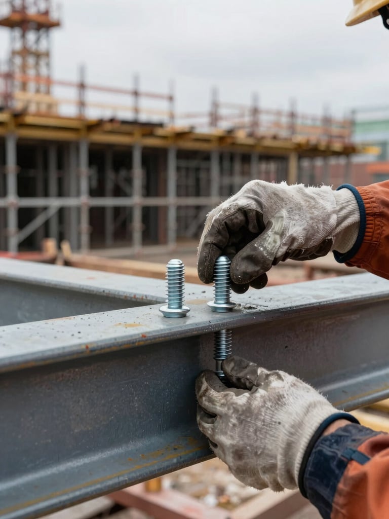 Close-up of a worker's gloved hands fitting structural steel bolts on a beam at an active construction site, overcast natural light, sharp foreground detail with blurred scaffolding in background