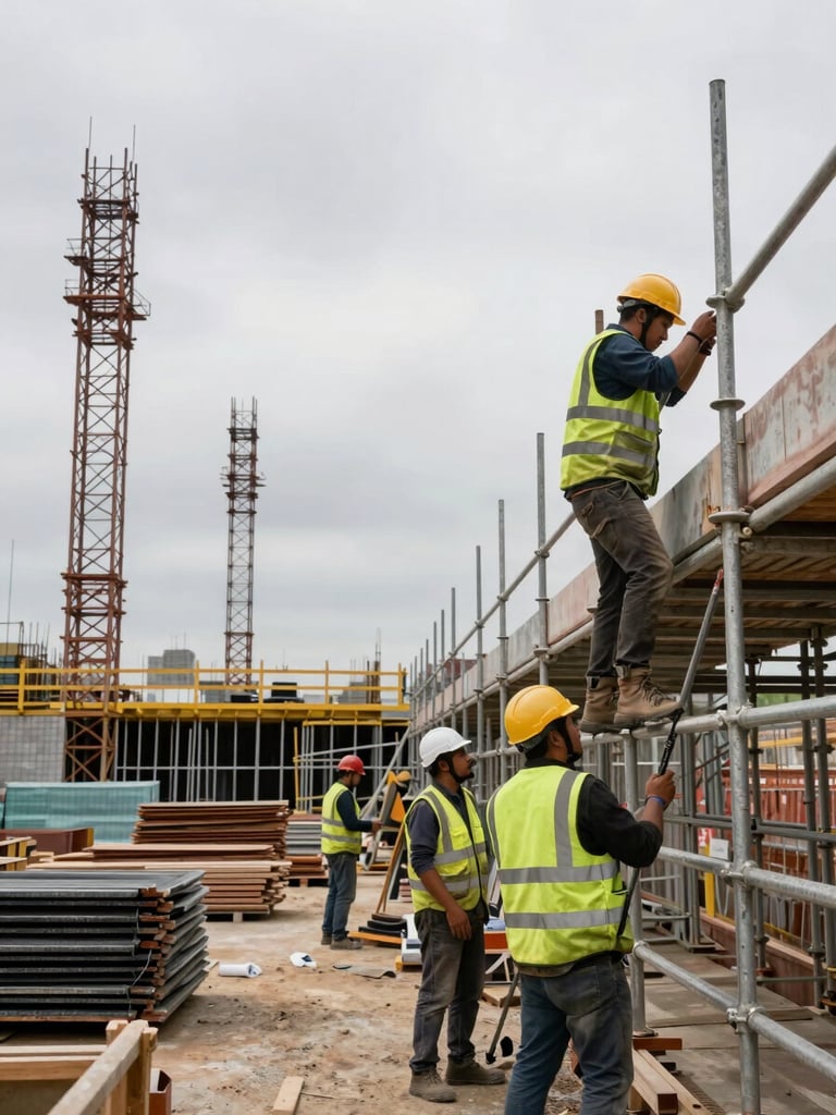 Wide environmental shot of a construction site in overcast daylight — a crew of workers in high-vis vests assembling scaffolding on the right frame, steel structure rising in the background, organised materials stacked at ground level, no posed expressions, documentary framing
