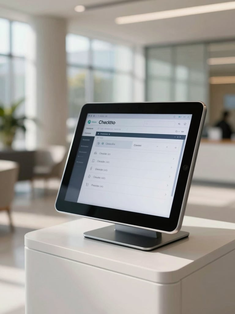 A vertical portrait of a sleek tablet kiosk displaying a clean check-in screen in a bright, modern corporate lobby with natural morning light, highly professional.
