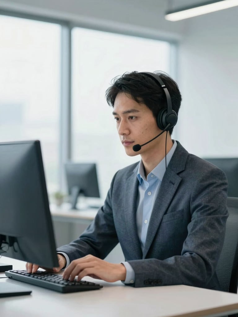 Focused professional customer support agent in a modern clean office, wearing a headset, looking at a secure dashboard screen, bright natural daylight, professional corporate photography