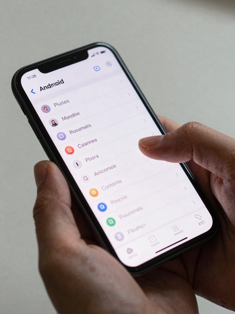 Close-up of a hand holding an Android phone mid-task, thumb resting on a clean list-view interface, bright neutral studio light, interface details clearly legible on screen, shallow depth showing device edge